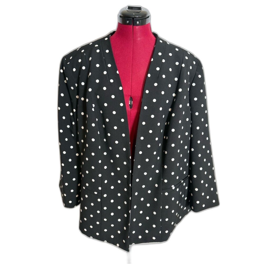 Kasper Blazer Women's Size 24W Black w/White Polka Dots Open Front 3/4 Sleeves